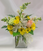a low, square vase with a bright cheerful flower arrangement